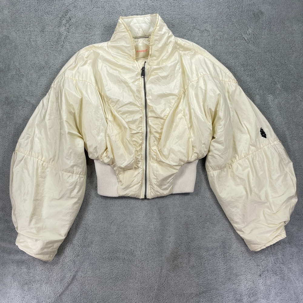 Free People FP Movement Glitz Blitz Bomber Jacket Womens XS Beige Nylon Cropped